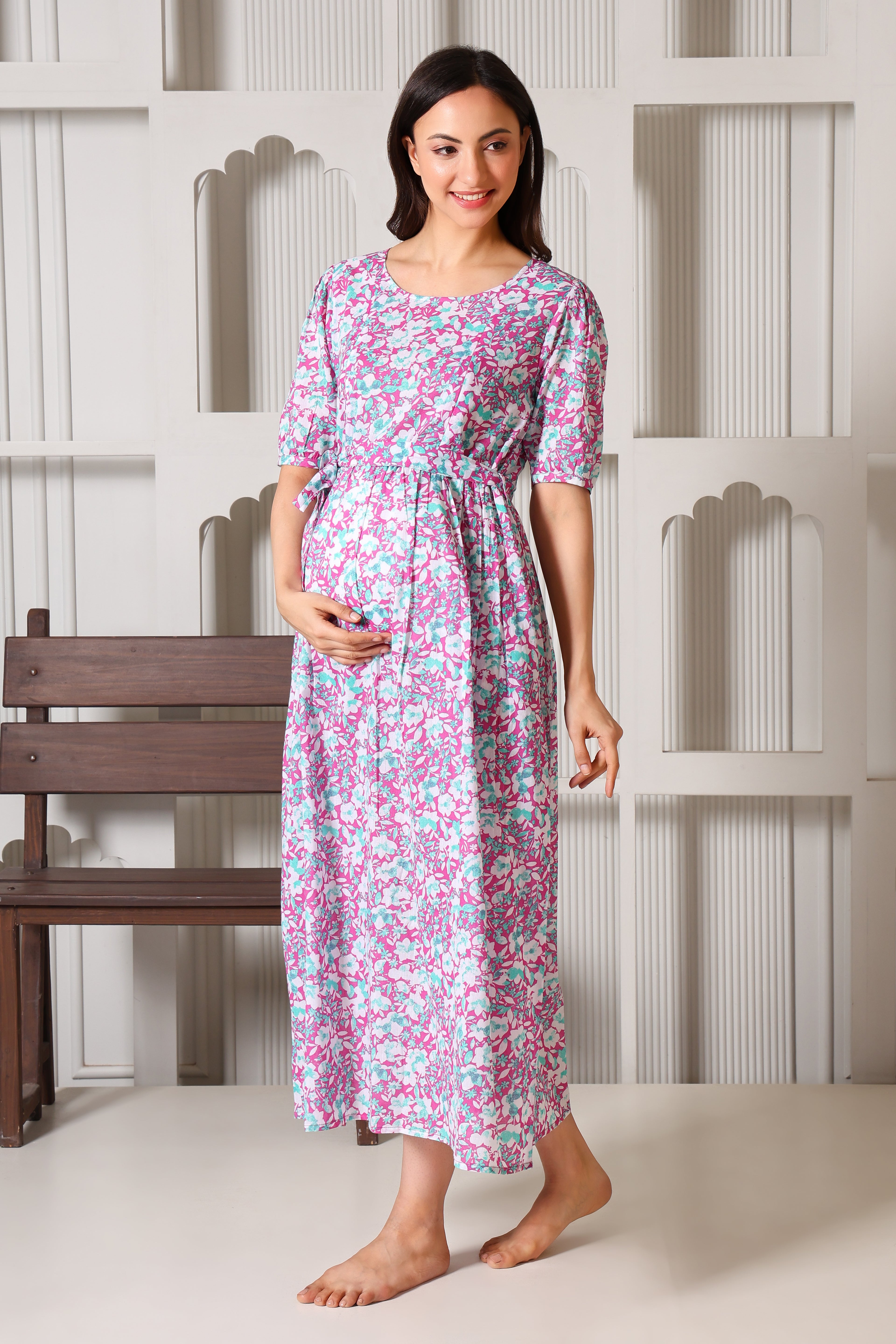 Mauve Meadow Bloom Maternity Feeding Dress For Women