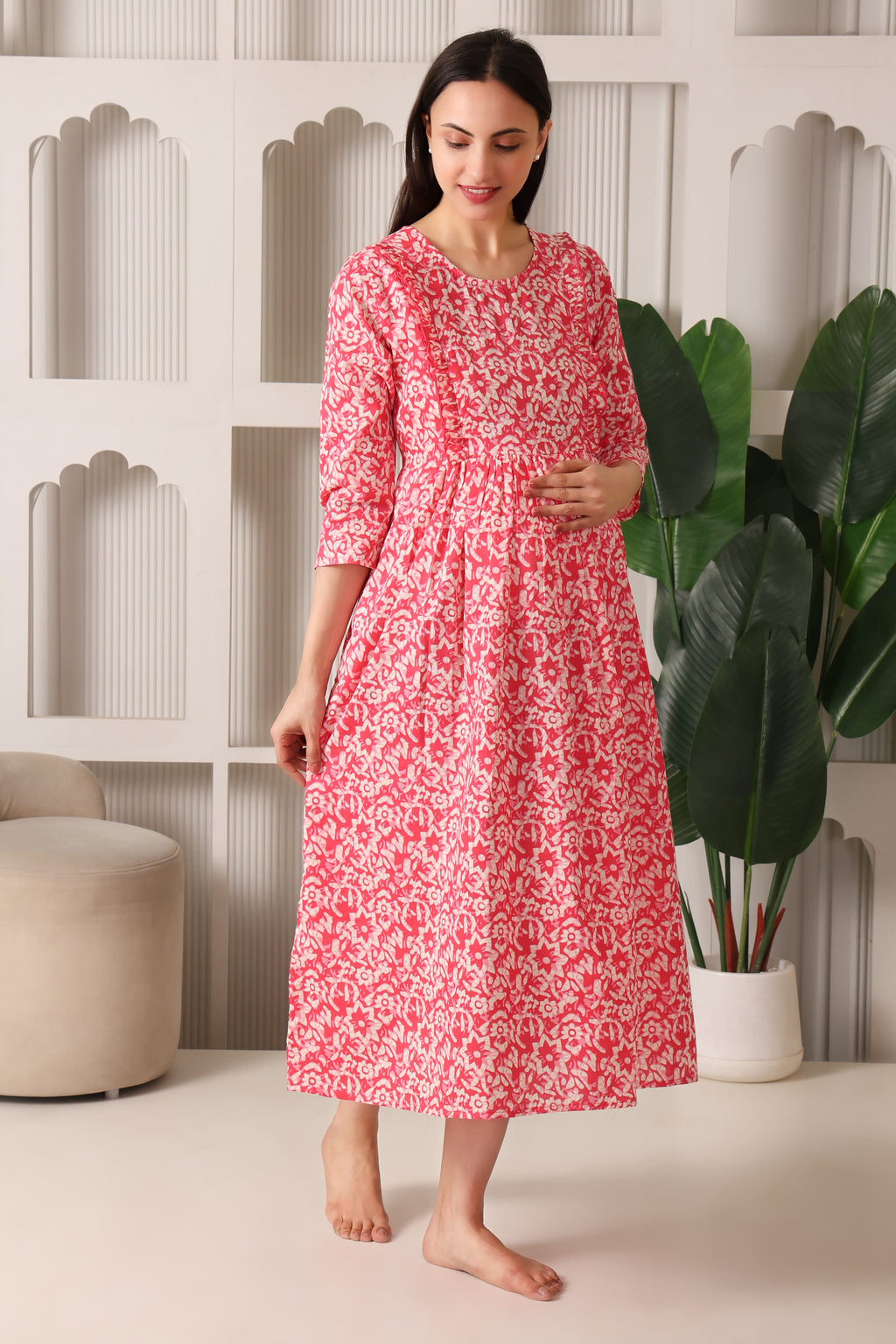 Pink Maternity Feeding Dress For Women
