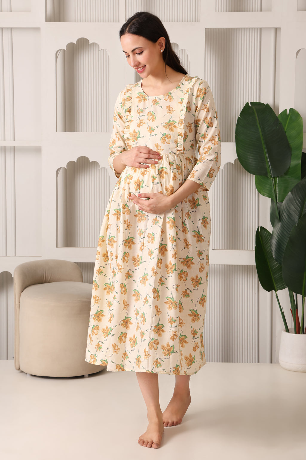 Cream Maternity Feeding Dress For Women