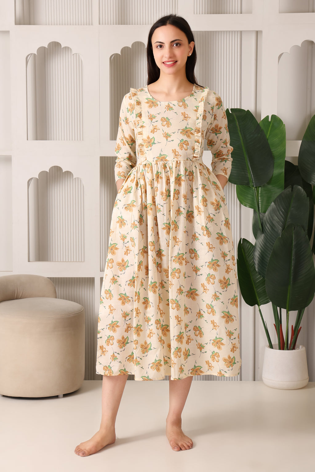 Cream Maternity Feeding Dress For Women