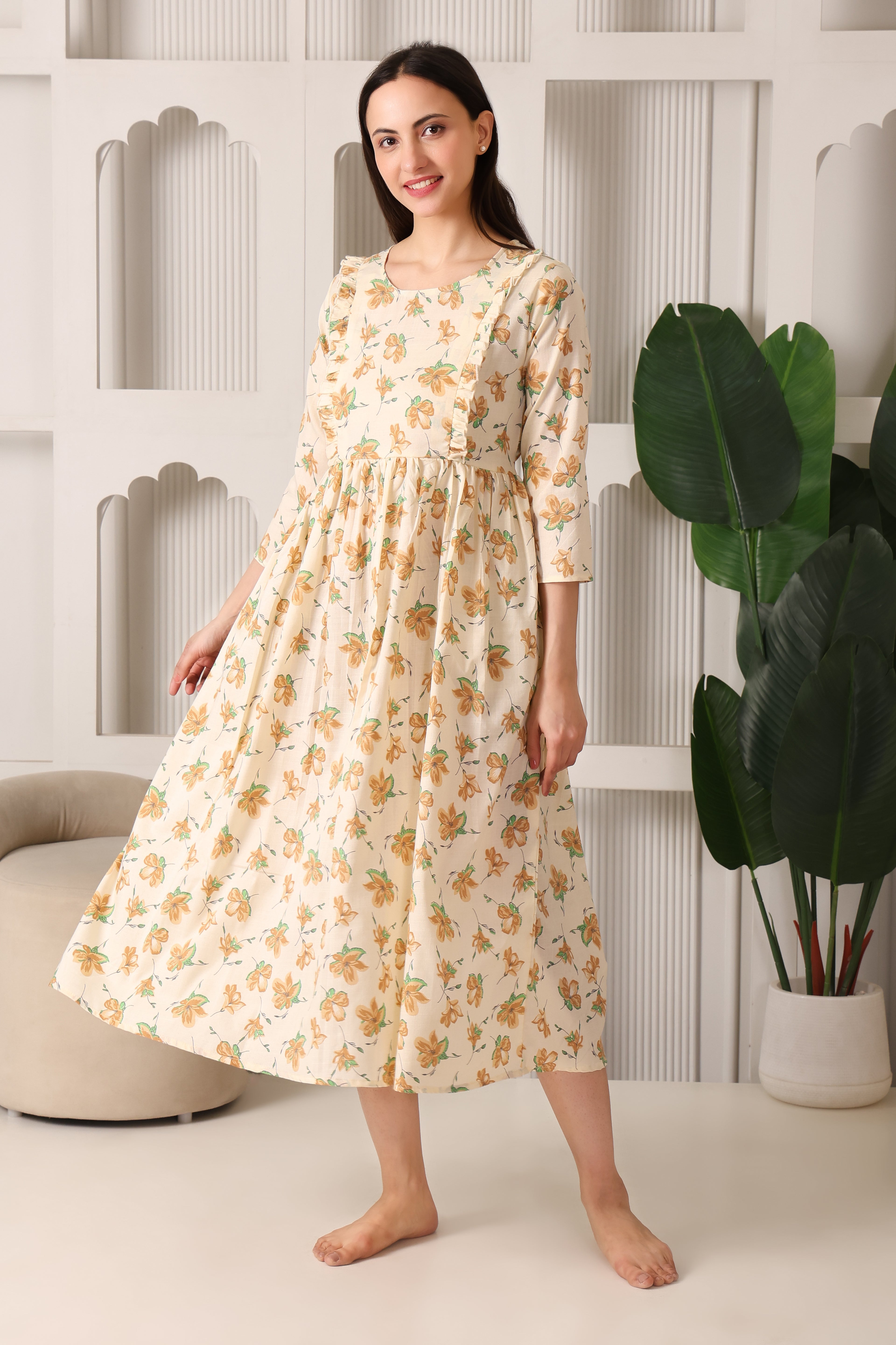 Cream Maternity Feeding Dress For Women
