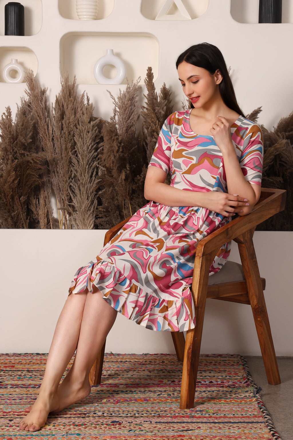 Abstract Swirl Maternity & Nursing Ruffle Dress