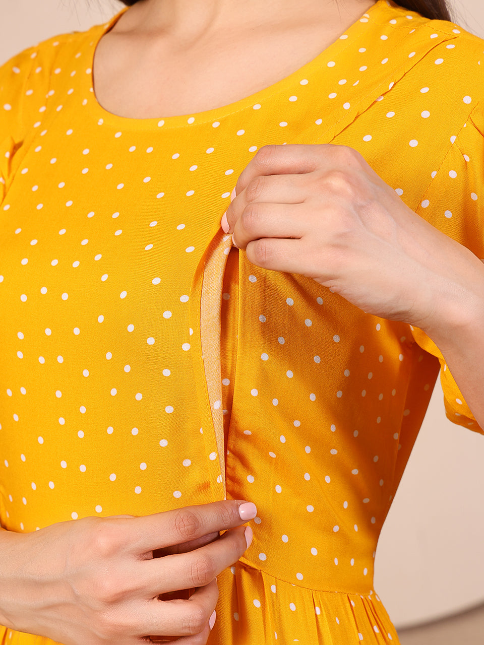 Mustard Pretty Polkas Maternity Feeding Dress For Women