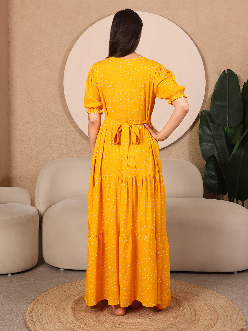 Mustard Pretty Polkas Maternity Feeding Dress For Women