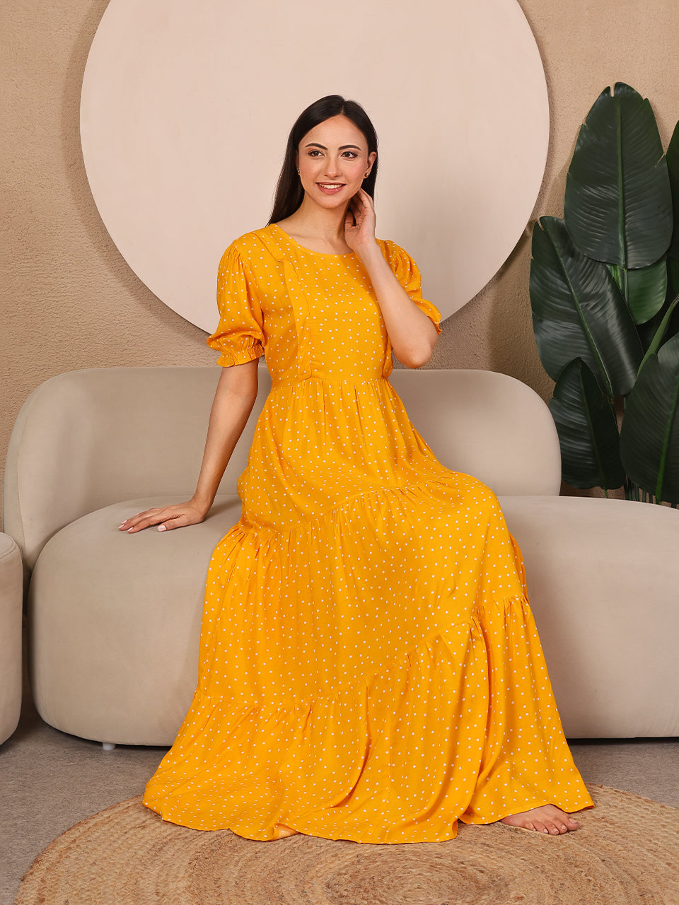 Mustard Pretty Polkas Maternity Feeding Dress For Women