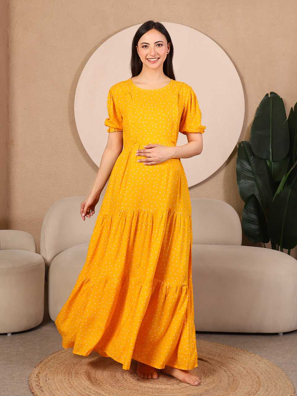 Mustard Pretty Polkas Maternity Feeding Dress For Women