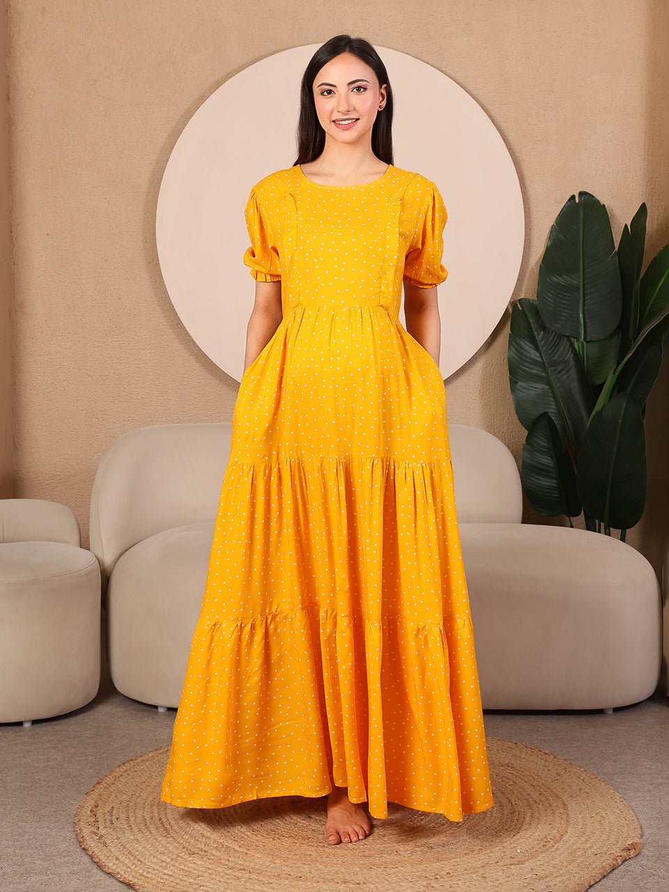Mustard Pretty Polkas Maternity Feeding Dress For Women