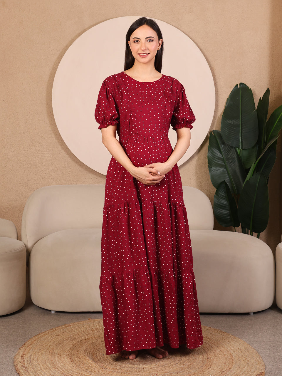 Wine Pretty Polkas Maternity Feeding Dress For Women