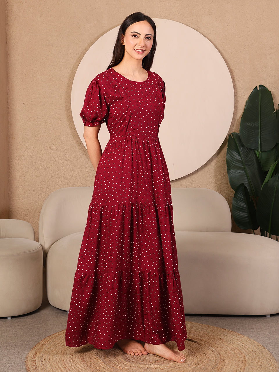 Wine Pretty Polkas Maternity Feeding Dress For Women