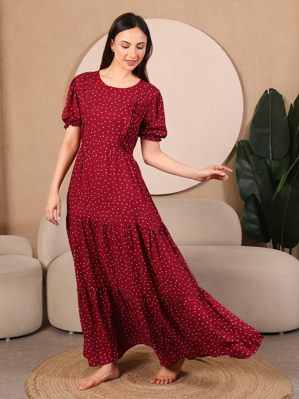 Wine Pretty Polkas Maternity Feeding Dress For Women