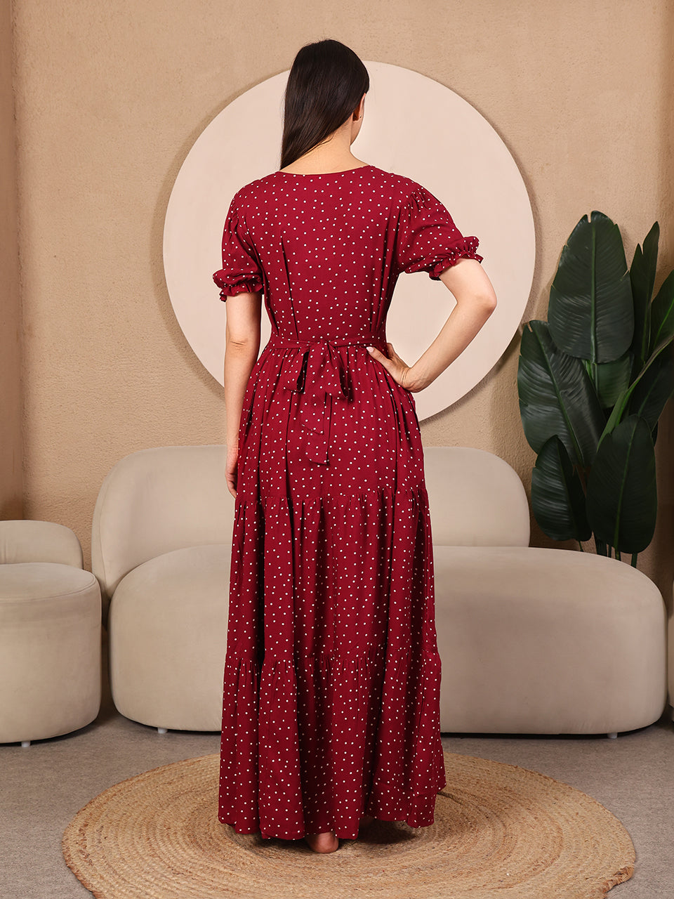 Wine Pretty Polkas Maternity Feeding Dress For Women