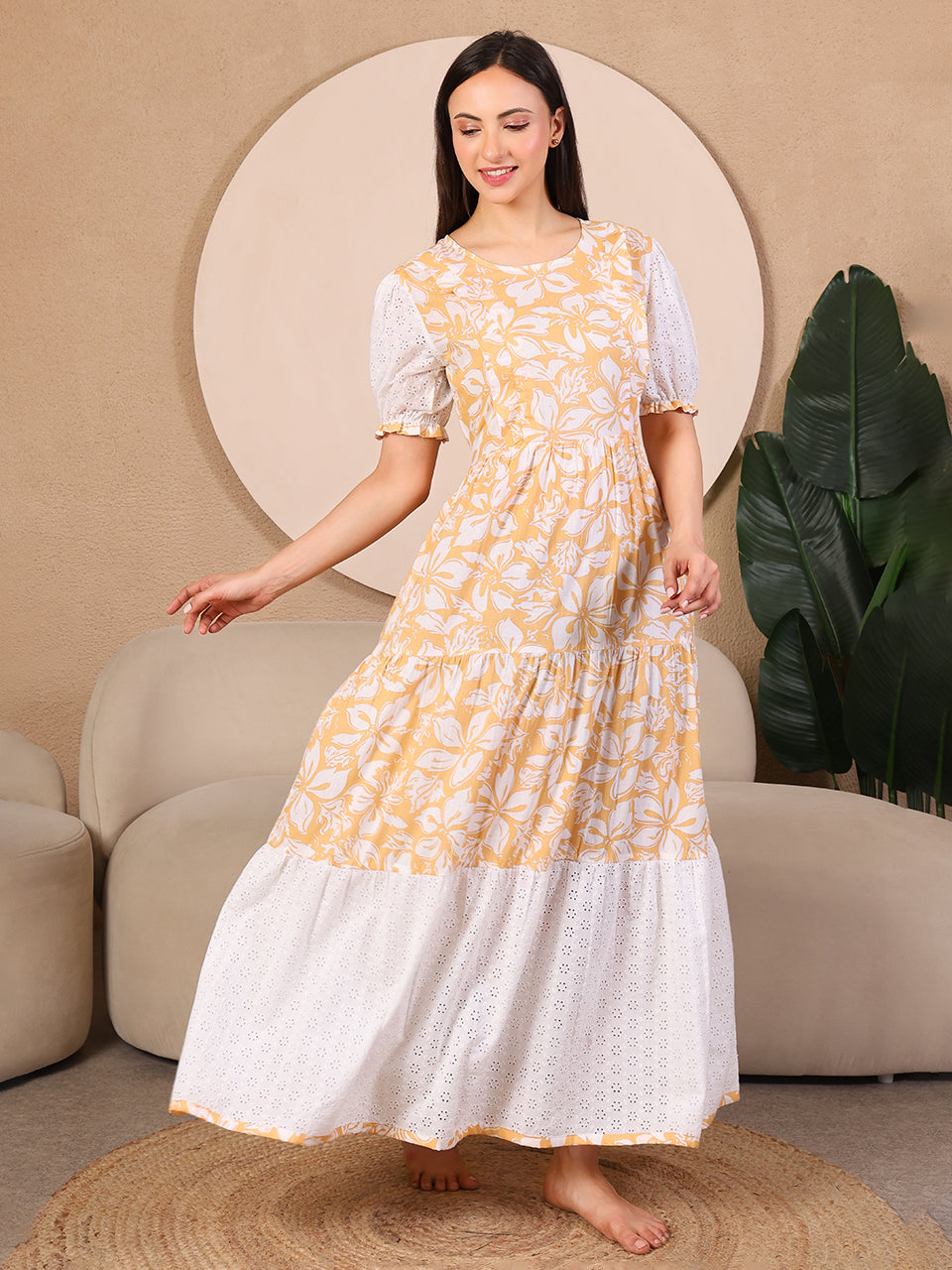 Mustard Pretty Polkas Maternity Feeding Dress For Women