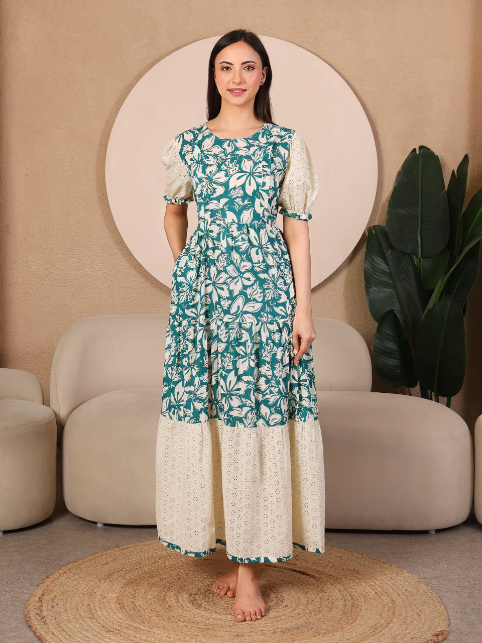 Green Pretty Polkas Maternity Feeding Dress For Women