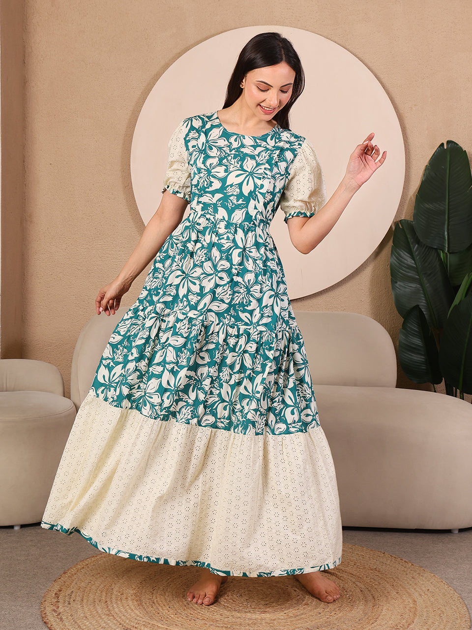 Green Pretty Polkas Maternity Feeding Dress For Women