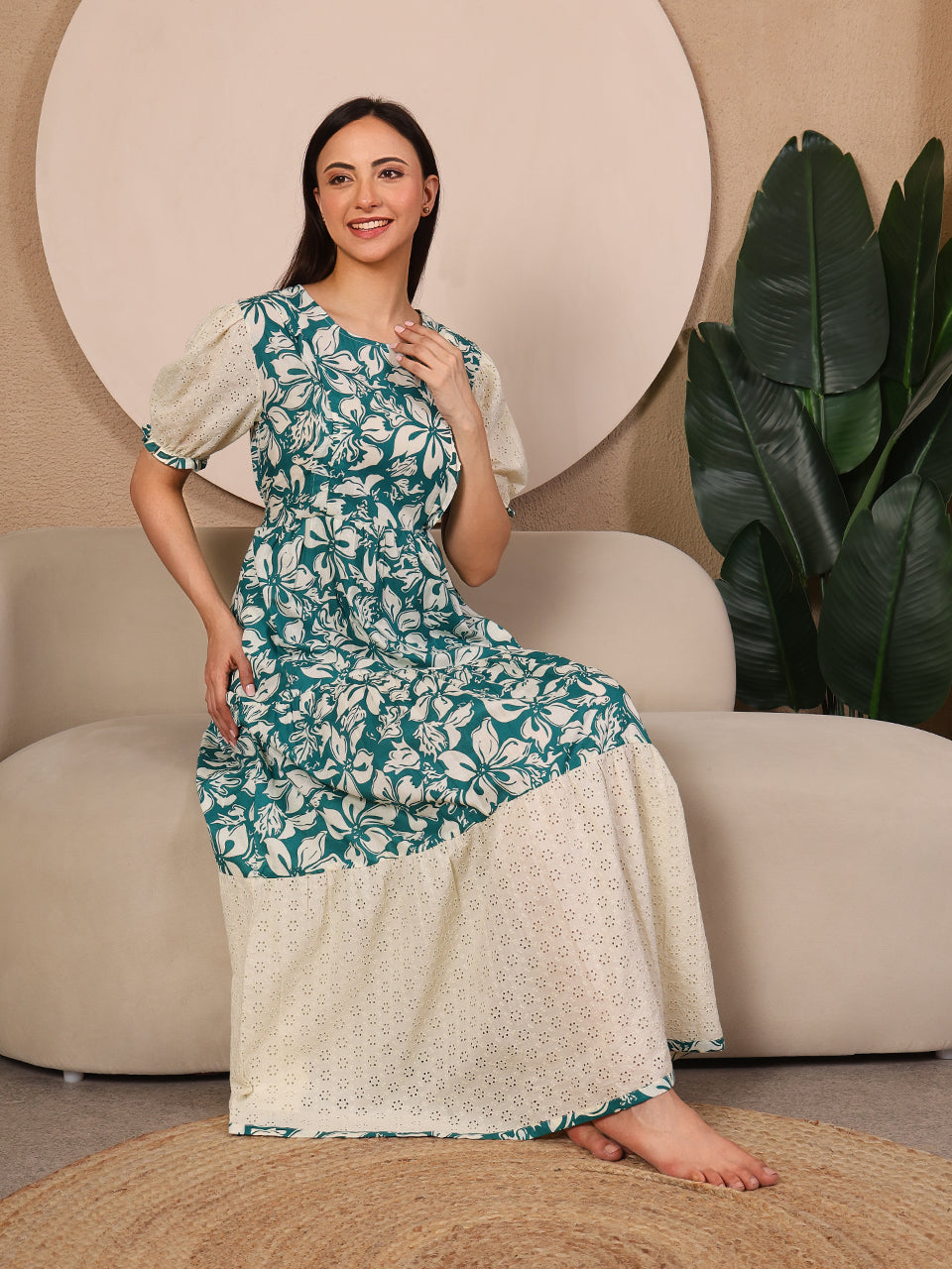 Green Pretty Polkas Maternity Feeding Dress For Women