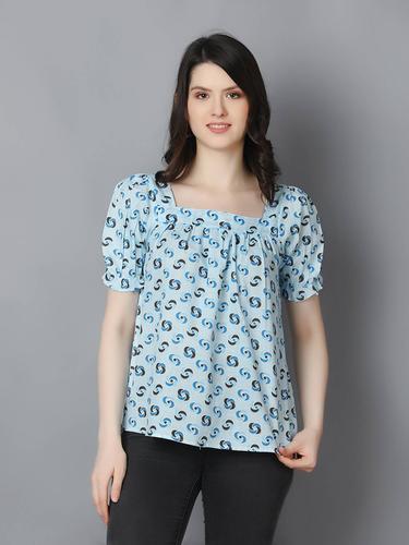 Summer Cotton Top With Puffed Sleeves. (Sky Blue)