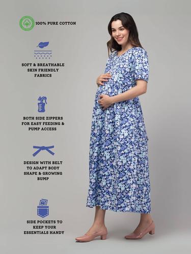 Maternity Feeding Dress For Women || 100% Pure Cotton. (Blue)