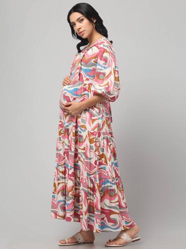 Maternity Feeding Dress With Balloon Sleeves. (Pink)