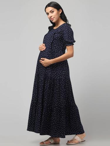 Maternity Feeding Dress With Puffed Sleeves. (Navy Polka)