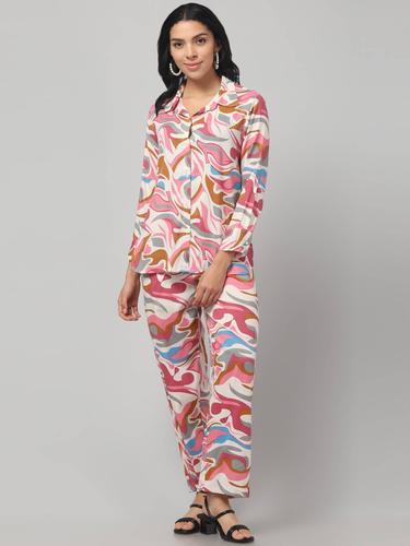 Stylish Co Ord Set For Women || Relaxed Fit Shirt & Wide-Leg Pants. (Pink)