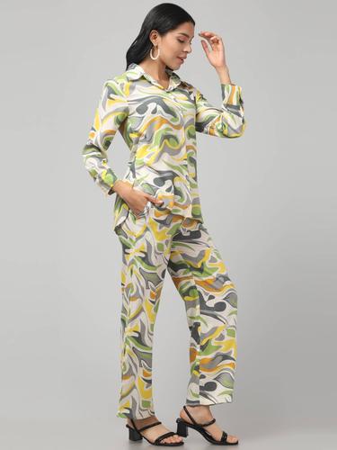 Stylish Co Ord Set For Women || Relaxed Fit Shirt & Wide-Leg Pants. (Green)