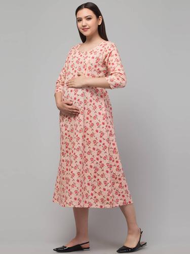 Cotton Maternity Feeding Dress With Zippers For Nursing. (Coral)