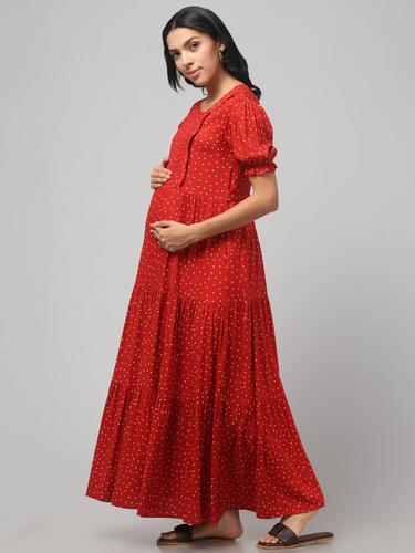 Maternity Feeding Dress With Puffed Sleeves. (Red Polka)