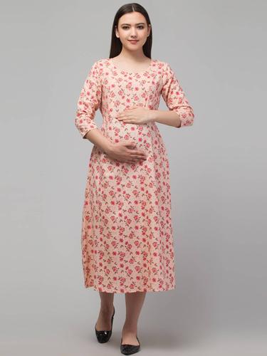 Cotton Maternity Feeding Dress With Zippers For Nursing. (Coral)