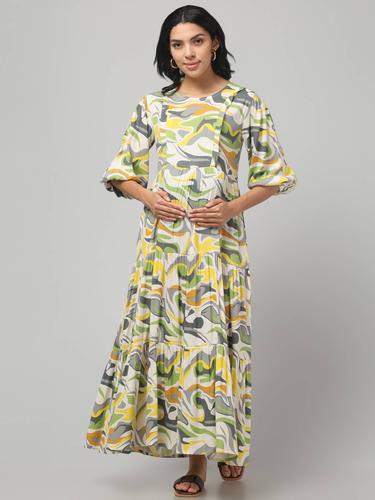 Maternity Feeding Dress With Balloon Sleeves. (Green)