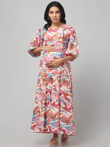 Maternity Feeding Dress With Balloon Sleeves. (Pink)