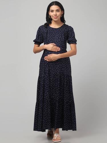 Maternity Feeding Dress With Puffed Sleeves. (Navy Polka)