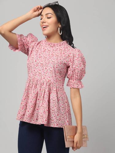 Cotton Printed Ruffled Neck Flared Short Kurti. (Pink)