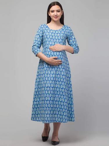 Cotton Maternity Feeding Dress With Zippers For Nursing. (Peacock)