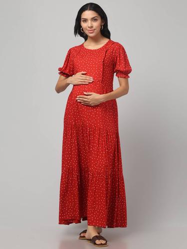 Maternity Feeding Dress With Puffed Sleeves. (Red Polka)