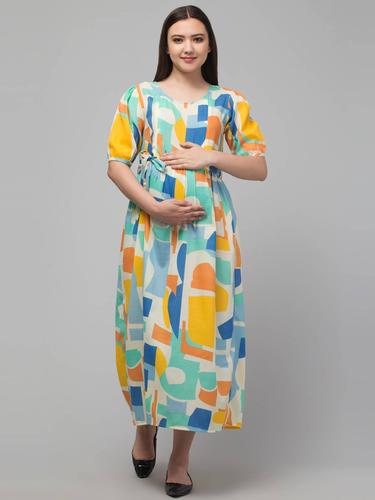 Maternity Feeding Dress With Puffed Sleeves. (Blue)