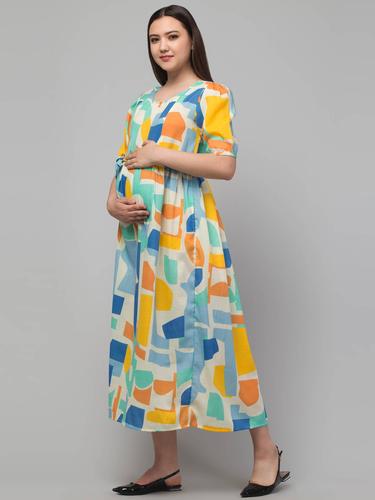 Maternity Feeding Dress With Puffed Sleeves. (Blue)