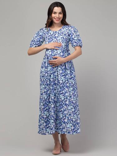 Maternity Feeding Dress For Women || 100% Pure Cotton. (Blue)