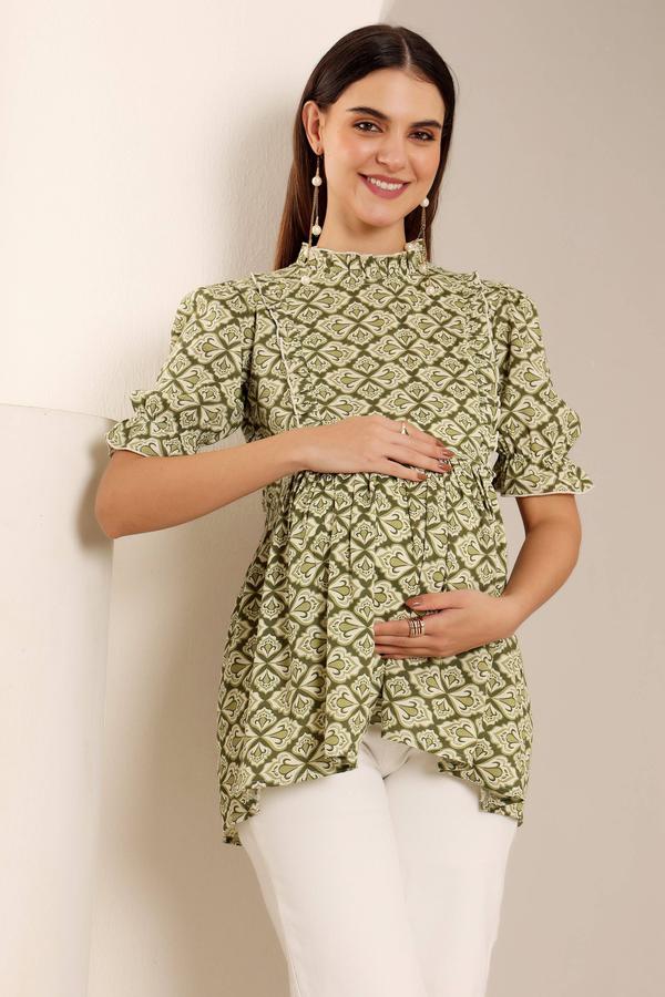 Maternity Feeding Top With Ruffled Neck And Puffed Sleeves. (Green)