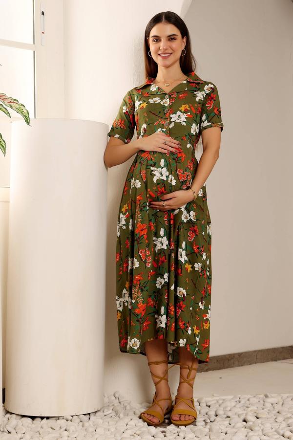 Zipless Maternity Feeding Dress For Women. Rayon Olive.