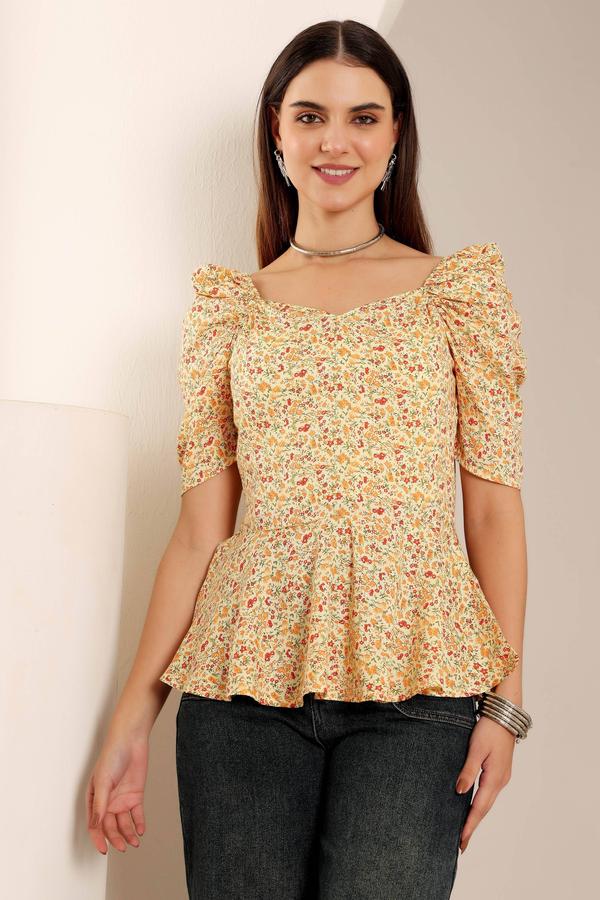 Summer Floral Peplum Top With Puffed Sleeves. (Lemon)