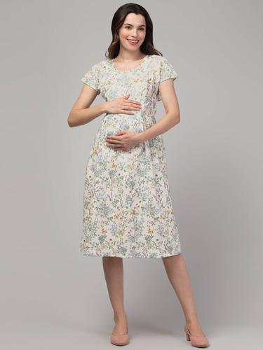 Maternity Feeding Cotton Linen Dress with Zippers. (Pearl)